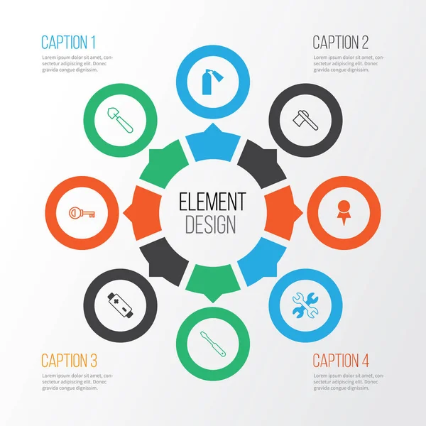 Araçlar simgeler kümesi. İtfaiyeci, dönüş vida, somun anahtarı ve başka öğeler topluluğu. Ayrıca İngiliz anahtarı, mala, akümülatör gibi simgeler içerir.