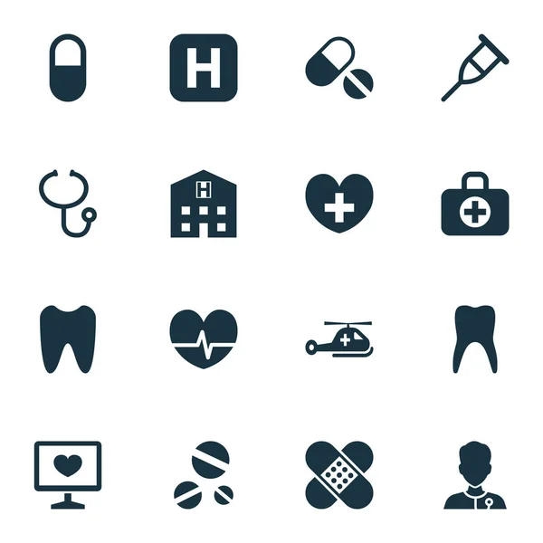 Drogen ikoner Set. Samling av kirurgiska väska, läka, Retreat och andra element. Innehåller också symboler såsom Healer, kapsel, hjälpa. — Stock vektor