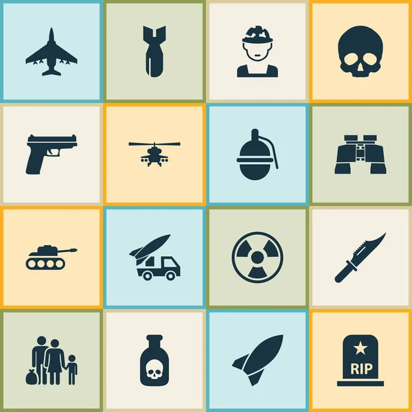 Armádní sada ikon. Kolekce raket, nebezpečí, vrtulník a další prvky. Zahrnuje také symboly jako hrobka, nebezpečí, zbraně. — Stockový vektor