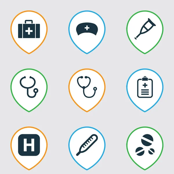 Antibiyotik Icons Set. Göğüs, aygıt, hastane ve diğer öğeleri koleksiyonu. Hap, termometre, çözümler gibi semboller de içerir. — Stok Vektör