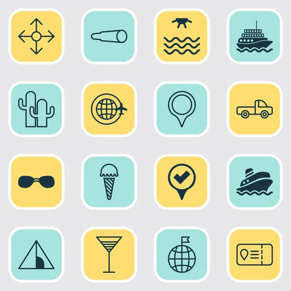 Icons Set seyahat. Sevkiyat tur, yön okları, işaret ve diğer öğeleri koleksiyonu. Ayrıca ziyaret edildi kaktüs, dünya gibi sembolleri içerir.