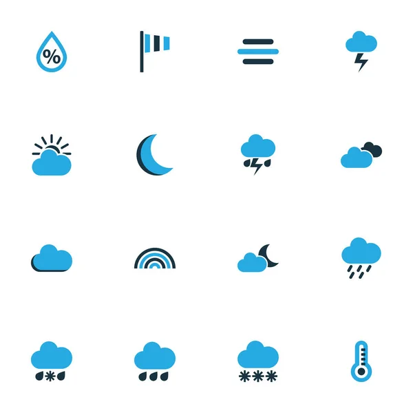 Luft bunte Symbole gesetzt. Sammlung von Lichtbogen, Windgeschwindigkeit, Blitz und anderen Elementen. enthält auch Symbole wie Tropfen, Thermostat, Thermometer. — Stockvektor