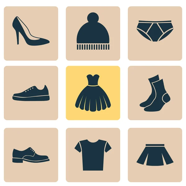 Conjunto de ícones de vestido. Coleção de Sarafan, Casual, Tênis e outros elementos. Também inclui símbolos como meias, cuecas, mulher . — Vetor de Stock