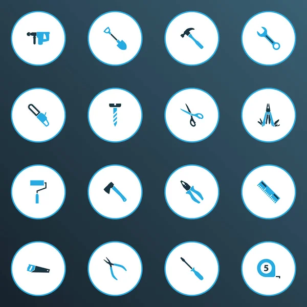 Handtools renkli simgeler kümesi. Vida, boya, kazma ve diğer öğeleri koleksiyonu. Ayrıca ölçüm, cetvel, makas gibi simgeler içerir.