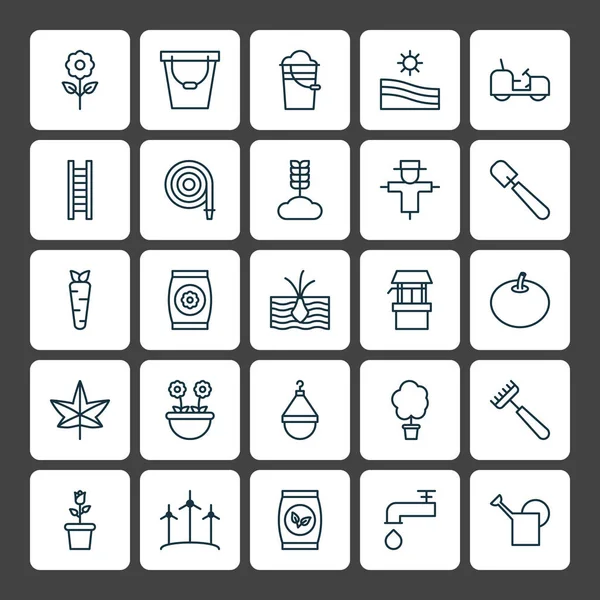 Farm Icons Set. Coleção de prado, ancinho, cabide e outros elementos. Também inclui símbolos como peso, torneira, nabo . — Vetor de Stock