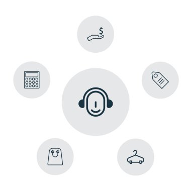 E-ticaret Icons Set. Hesap makinesi, kadın çantası, zengin ve diğer öğeleri koleksiyonu. Ayrıca Peg, alışveriş, çağrı cihazı gibi simgeler içerir.