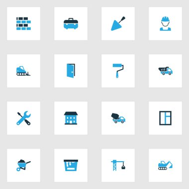 Mimari renkli simgeler kümesi. İpucu kamyon, boya silindiri, cam ve diğer öğeleri koleksiyonu. Ayrıca el arabası, cam, araç kutusu gibi simgeler içerir.