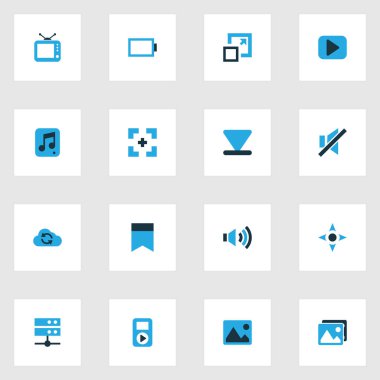 Müzik renkli simgeler kümesi. Player, televizyon, bulut ve diğer öğeleri koleksiyonu. Ayrıca megafon, Begin, ekran gibi simgeler içerir.