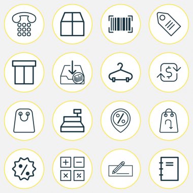 E-ticaret Icons Set. Hesaplama aracı, Bilet, Spiral defter ve diğer öğeleri koleksiyonu. Ayrıca kadar kimlik rozeti gibi simgeler içerir.