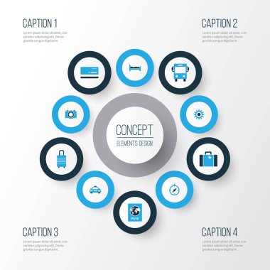 Keşif renkli simgeler kümesi. Pusula, fotoğraf aygıt, güneş ve diğer öğeleri koleksiyonu. Ayrıca uyku, belge, fotoğraf makinesi gibi simgeler içerir.