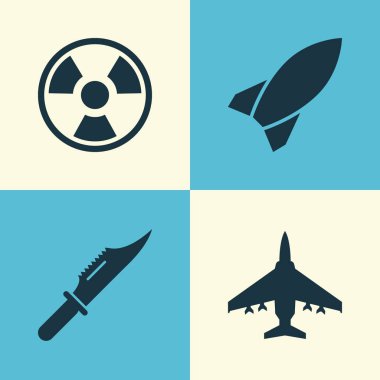 Savaş Icons Set. Uçak, füze, kesici ve diğer öğeleri koleksiyonu. Ayrıca bomba, tehlike, tehlike gibi simgeler içerir.