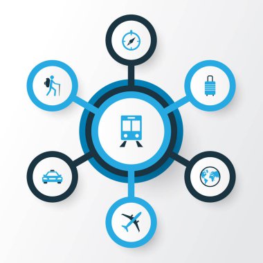 Renkli simgeler kümesi seyahat. Tren, Bagaj, pusula ve diğer öğeleri koleksiyonu. Ayrıca yolcu, uçak, tren gibi simgeler içerir.