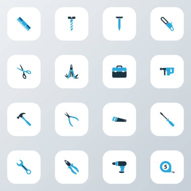 Handtools renkli simgeler kümesi. Toplama makası, gördüm, cıvata ve diğer öğeler. Tornavida, çok fonksiyonlu, düzeltmek gibi semboller de içerir.