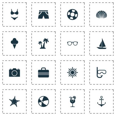 Güneş Icons Set. Hayatımı kurtardın, deniz yıldızı, armatür ve diğer öğeleri koleksiyonu. Ayrıca limonata, eritme, Cocos gibi simgeler içerir.