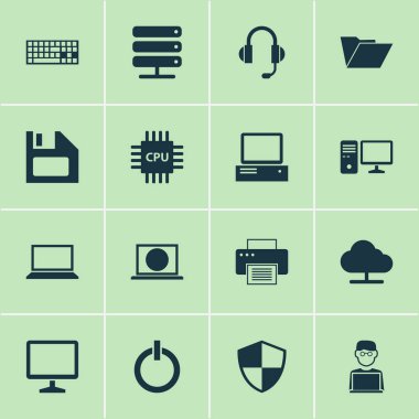 Bilgisayar simgeleri ayarlayın. Veritabanı, anakart, baskı makinesi ve diğer öğeleri koleksiyonu. Ayrıca veritabanı, kişisel, klavye gibi simgeler içerir.