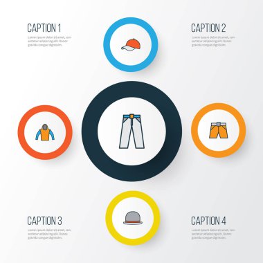 Renkli Anahat Icons Set elbise. Panama, Sweatshirt, kap ve diğer öğeleri koleksiyonu. Ayrıca giyim, Cap, Panama gibi simgeler içerir.