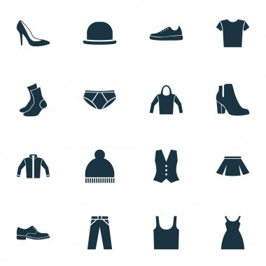 Icons Set elbise. Şık giyim ve topuk ayakkabı, rahat ve diğer öğeleri koleksiyonu. Ayrıca giyim, şapka, pon pon gibi simgeler içerir.