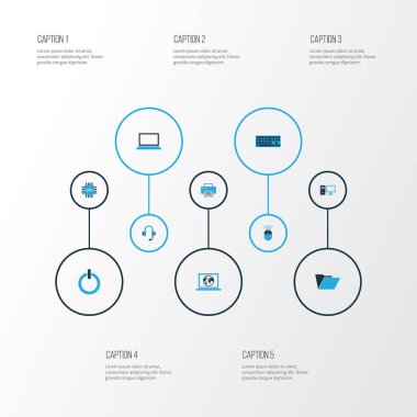 Bilgisayar renkli simgeler kümesi. Dizüstü bilgisayar, kulaklık, güç ve diğer öğeleri koleksiyonu. Ayrıca kulaklık, bağlantı, Cpu gibi simgeler içerir.