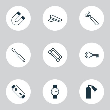 Ekipman Icons Set. Dönüş vida, parola, Harrow ve diğer öğeleri koleksiyonu. Ayrıca parola, Harrow, saat gibi simgeler içerir.