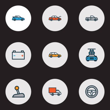 Araba renkli anahat simgelerini belirlemek. Akümülatör, Van, Cabriolet ve diğer öğeleri koleksiyonu. Ayrıca otomatik, otobüs, kamyonet gibi simgeler içerir.
