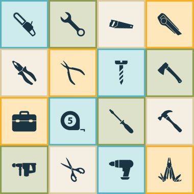 Handtools simgeler kümesi. Metre, kelepçe, çekiç ve diğer öğeleri koleksiyonu. Tornavida, Sharp, yuvarlak gibi semboller de içerir.