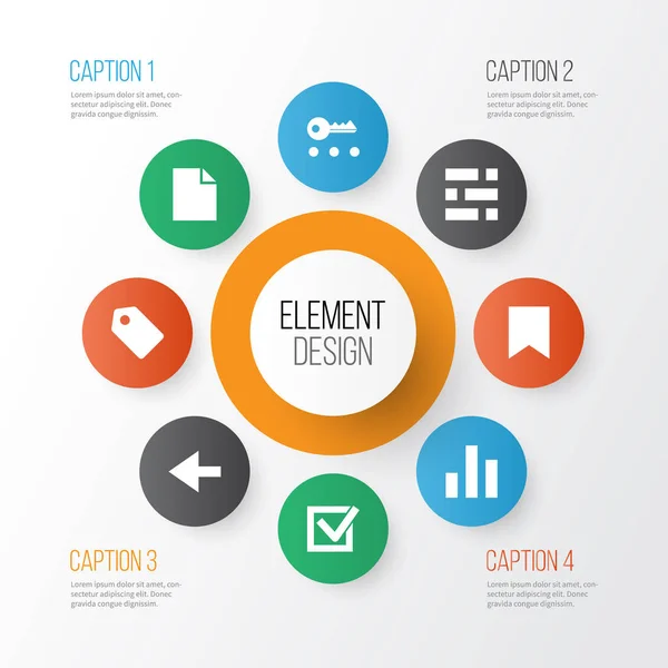 Interface-Symbole gesetzt. Sammlung von Rückwärts-, Spalten-, Check- und anderen Elementen. auch Symbole wie Armaturenbrett, Label, Rückseite. — Stockvektor