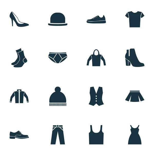 Abito Icone Set. Collezione di abbigliamento elegante, scarpe tacco, casual e altri elementi. Include anche simboli come abbigliamento, cappello, pompom . — Vettoriale Stock