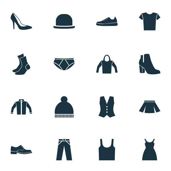 Dress Icons Set. Collection Of Stylish Apparel, Heel Footwear, Casual And Other Elements. Also Includes Symbols Such As Apparel, Hat, Pompom.