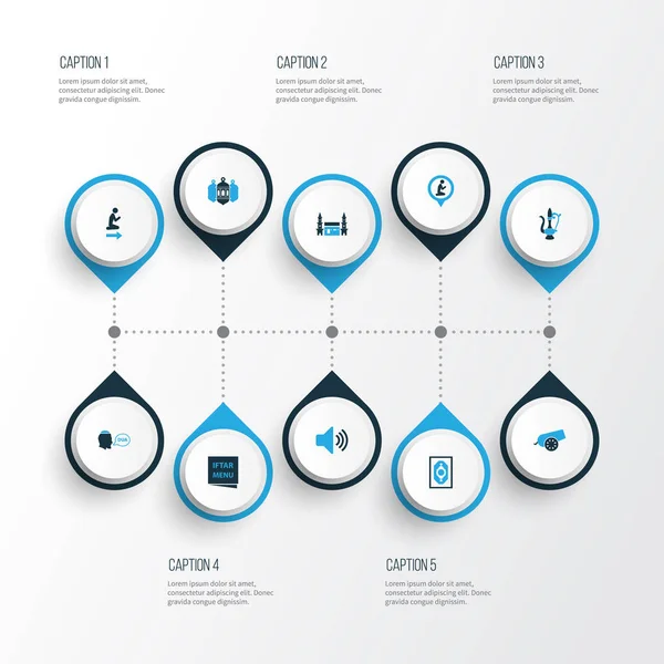 Din renkli simgeler kümesi. Top, cami fener, Iftar ve diğer öğeleri koleksiyonu. Ayrıca Hejaz, sürahi, halı gibi simgeler içerir.