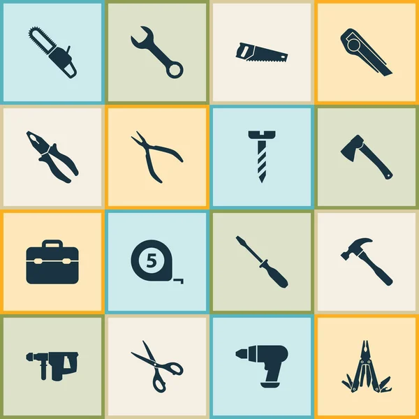 Handverktyg ikoner Set. Samling av mätaren, klämma, hammare och andra element. Innehåller också symboler såsom skruvmejsel, skarpa, runda. — Stock vektor