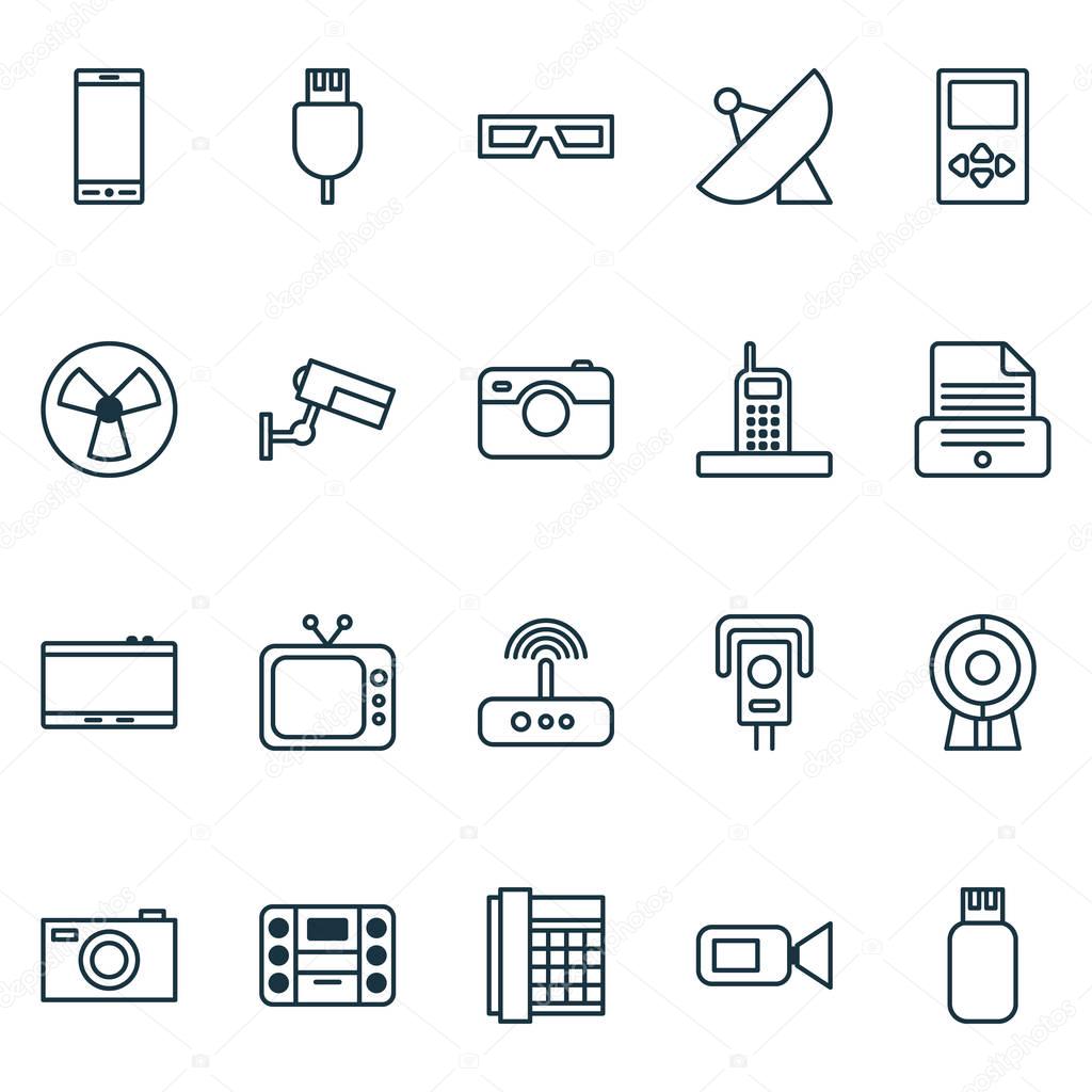 Hardware Icons Set. Collection Of Camcorder, Ventilator, Antenna And Other Elements. Also Includes Symbols Such As Camera, Tv, Display.