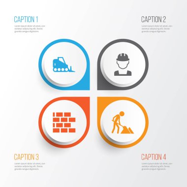 Mimari Icons Set. Mühendis, traktör, duvar ve diğer öğeleri koleksiyonu. Ayrıca araç, Builder, traktör gibi simgeler içerir.