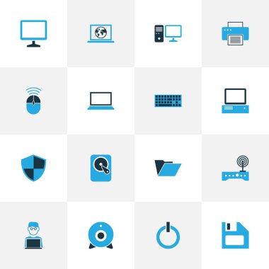 Donanım renkli simgeler kümesi. Dizüstü bilgisayar, baskı, Pc ve diğer öğeleri koleksiyonu. Ayrıca sürücü, kamera, klavye gibi simgeler içerir.