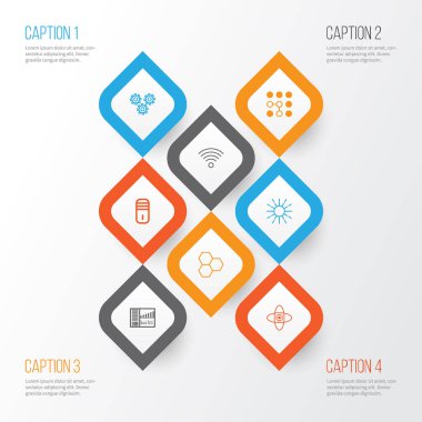 Icons Set öğrenme. Mekanizma parçaları, bilgi bileşenleri, atom Cpu ve diğer öğeleri koleksiyonu. Ayrıca işlemci, Wifi, veri gibi simgeler içerir.