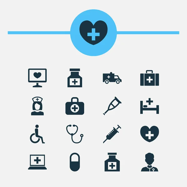 Medicine Icons Set. Coleção de drogas, babá, espigão e outros elementos. Também inclui símbolos como deficientes, pulso, cápsula . — Vetor de Stock