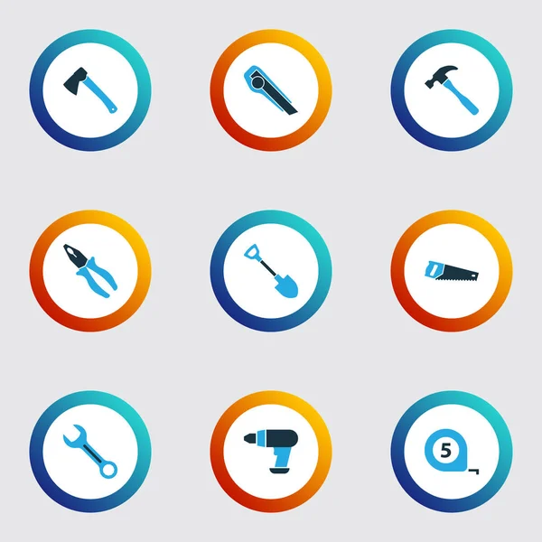 Araçları renkli simgeler kümesi. Ölçer, balta, testere öğeleri koleksiyonu. Ayrıca el testeresi, teyp, bıçak gibi simgeler içerir.