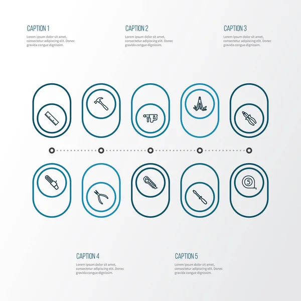 Handtools anahat simgelerini belirlemek. Cutter, yuvarlak pense, testere ve diğer öğeleri koleksiyonu. Ayrıca kesim, teyp, boyut gibi simgeler içerir.