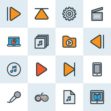 Multimedya renkli anahat simgelerini belirlemek. Son'u, müzik, Gamepad ve diğer öğeleri koleksiyonu. Ayrıca klasör, albümleri, Klaket gibi simgeler içerir.