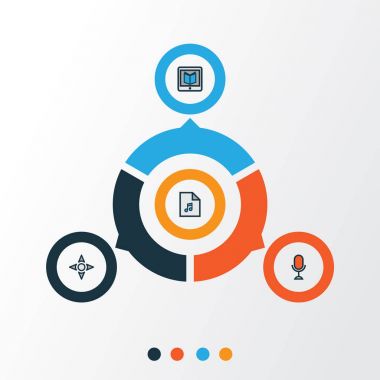 Medya renkli simgeler kümesi özetlenmiştir. Ok, çalma listesi, Karaoke ve diğer öğeleri koleksiyonu. Ayrıca şarkı, liste, Karaoke gibi simgeler içerir.