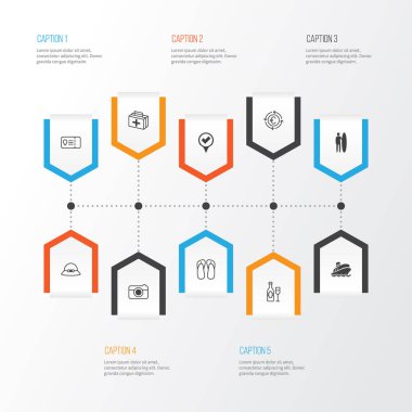 Turizm Icons Set. Tur, terlik, nakliye koleksiyonu sörf tahtası ve diğer öğeler. Gibi terlik, seyahat, geri dönüşüm sembolleri de içerir.