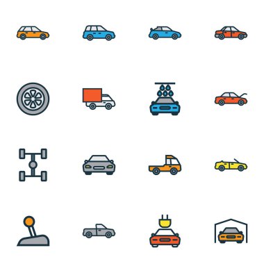 Otomobil renkli anahat simgelerini belirlemek. Otomobil, otomotiv, oto ve diğer öğeleri koleksiyonu. Ayrıca Van, düzeni, çamaşır gibi simgeler içerir.