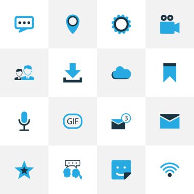 Medya renkli simgeler kümesi. İletişim, Wifi, konum ve diğer öğeleri koleksiyonu. Flama, konumu, konuşmak gibi semboller de içerir.