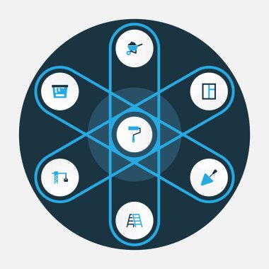 Renkli simgeler binada. Kanca, cam, Barrow ve diğer öğeleri kaldırma koleksiyonu. Ayrıca macun, Vinç, el arabası gibi simgeler içerir.