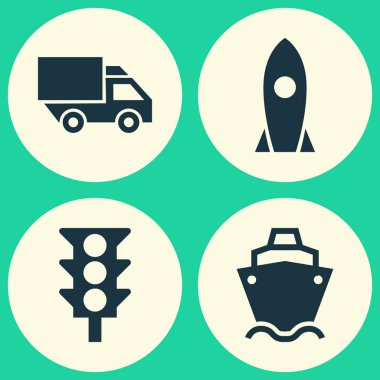 Sevk irsaliyesi Icons Set. Van, trafik ışığı, uzay gemisi ve diğer öğeleri koleksiyonu. Ayrıca Camion, uçak, ışık gibi simgeler içerir.