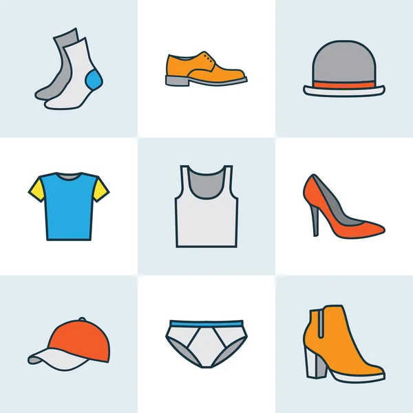 Oděvy barevné obrysy ikony nastavit. Kolekce spodního prádla, Panama, podpatky a dalších prvků. Zahrnuje také symboly jako kalhotky, halenka, muž. — Stockový vektor
