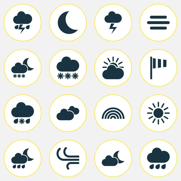 Icone climatiche impostate. Collezione di nuvole di sole, flash, neve e altri elementi. Include anche simboli come mezzaluna, pioggia, nuvoloso . — Vettoriale Stock