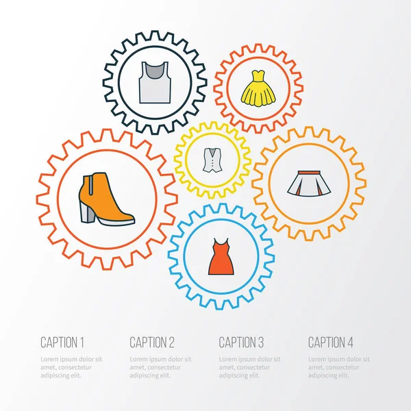 Elbise renkli anahat simgeler kümesi. Kadın çizmeleri, gece elbisesi, yelek ve diğer öğeleri koleksiyonu. Ayrıca Boots, iç çamaşırı, kadınsı gibi simgeler içerir.