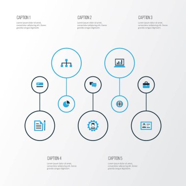 İş renkli simgeler ayarlayın. Küre, Portföy, Analytics ve diğer öğeleri koleksiyonu. Ayrıca ağ, daire, iletişim gibi simgeler içerir.