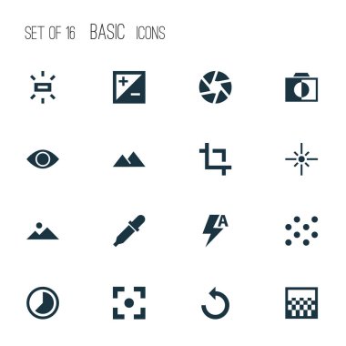 Resmi simgeler kümesi. Görme, modu, parlaklık ve diğer öğeleri koleksiyonu. Pipet, dekoratif, yakalama gibi semboller de içerir.