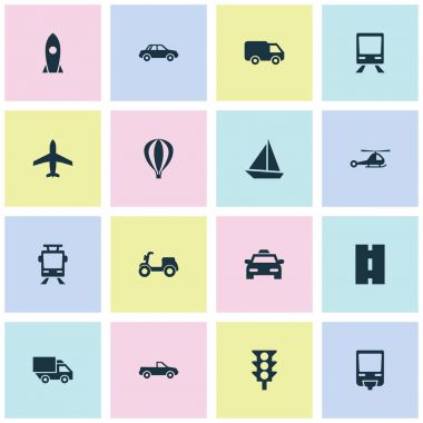 Taşıma simgeler kümesi. Uçak, Van, Skooter ve diğer öğeleri koleksiyonu. Aynı zamanda yelken, helikopter, zeplin gibi simgeler içerir.